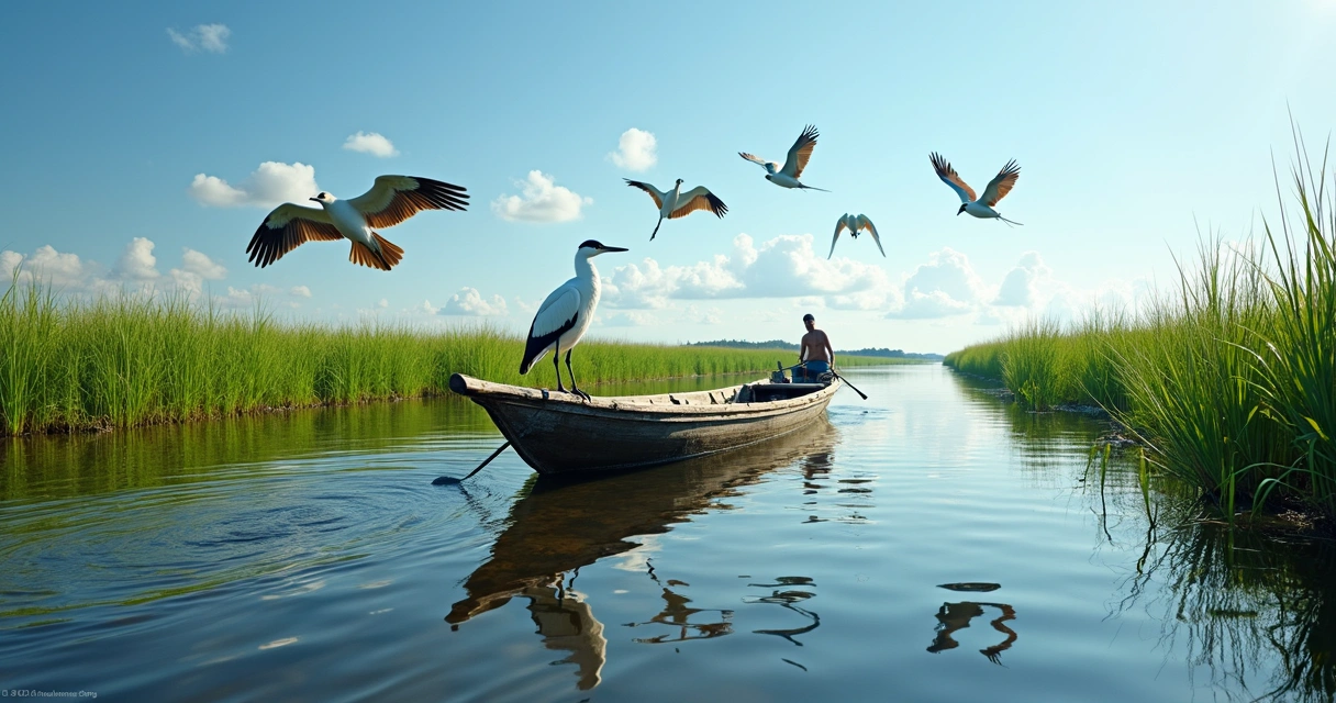 Barco navegando em espelho d’água no Pantanal, aves voando ao fundo 