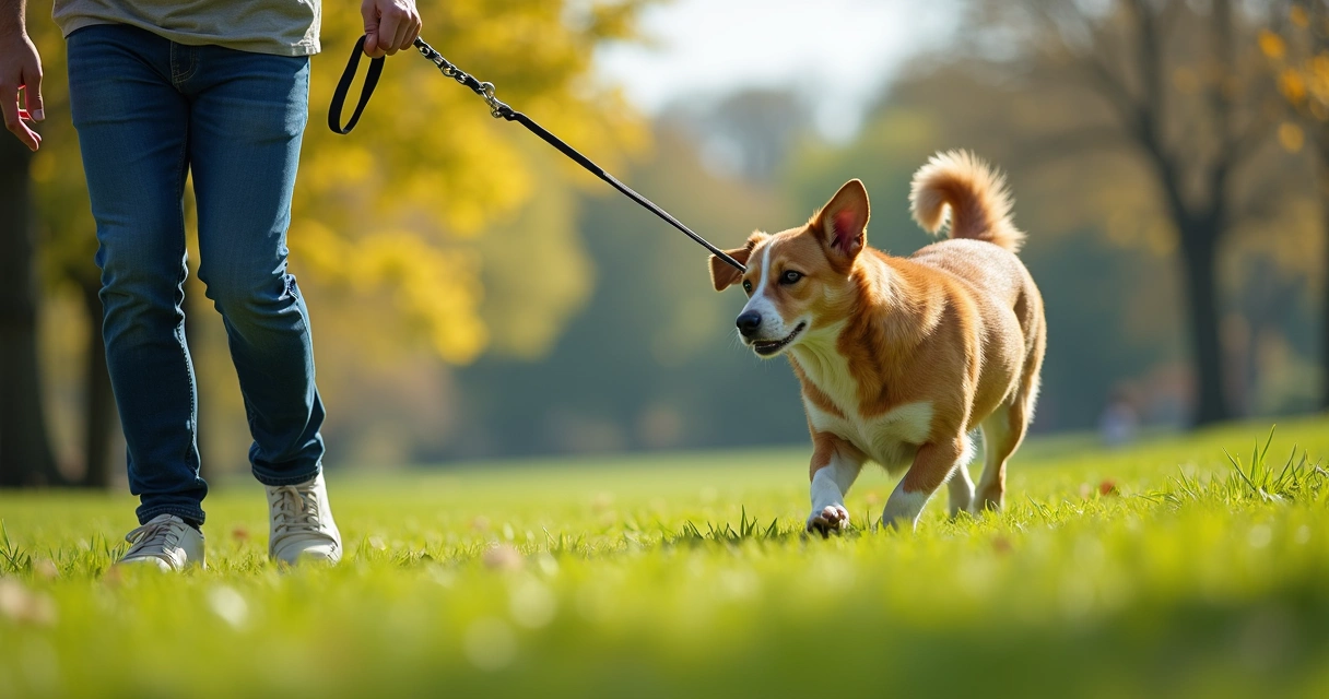 Tutor e cachorro passeando calmamente com a guia correta em um parque