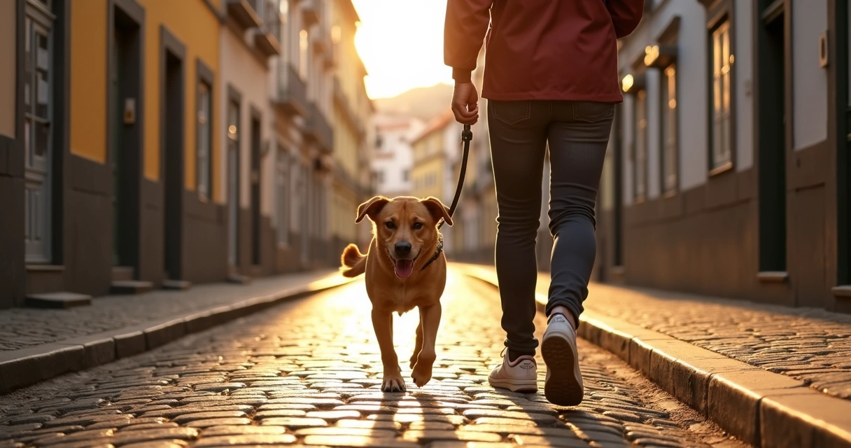 Cão a ser passeado por cuidador numa rua do Porto ao nascer do dia