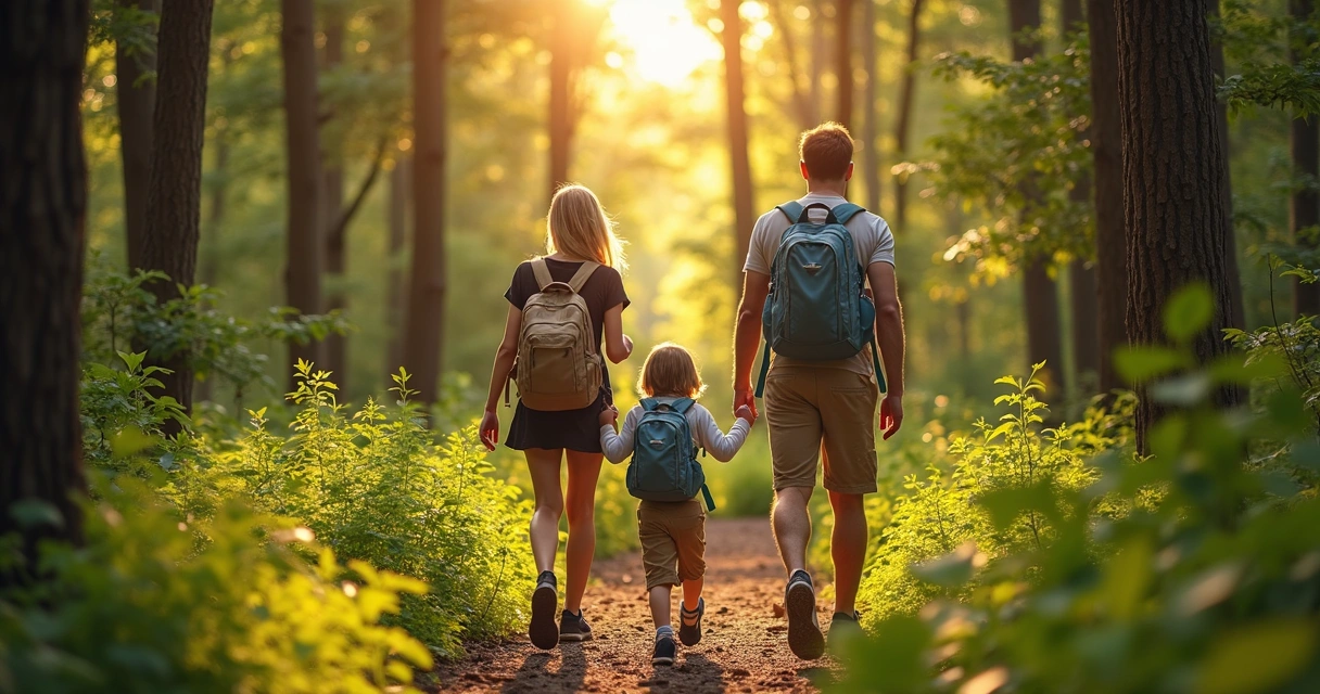 Família caminhando por trilha cercada de árvores em parque natural 