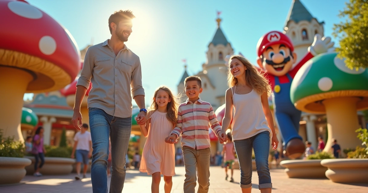 Família caminhando sorridente em área temática do Mario no Epic Universe, cenário colorido