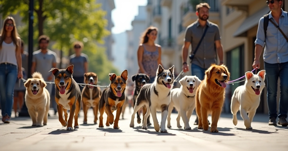 Grupo de cães a passear juntos em fila, acompanhados por tutores 