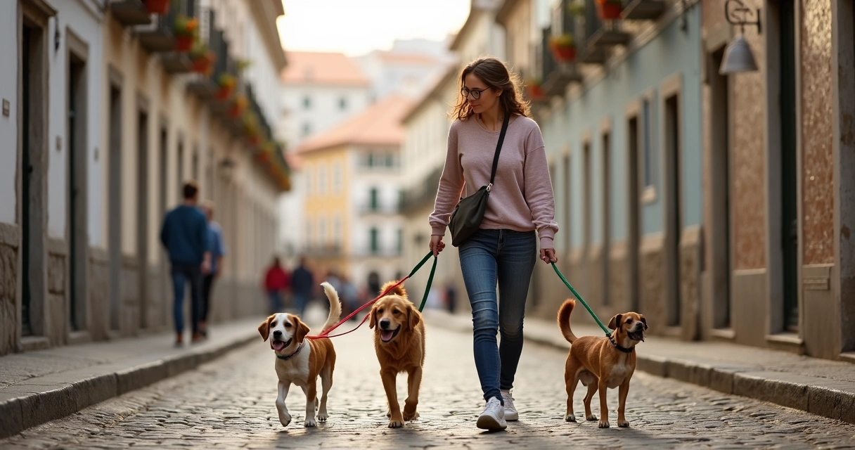 Grupo de cães de diferentes raças a passear com pet sitter numa rua do Porto 