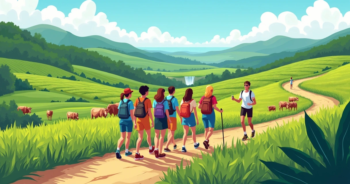 Turistas caminhando em trilha verde na Serra Gaúcha 