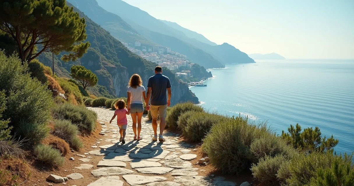 Família caminhando em trilha na Costa Amalfitana com mar ao fundo 