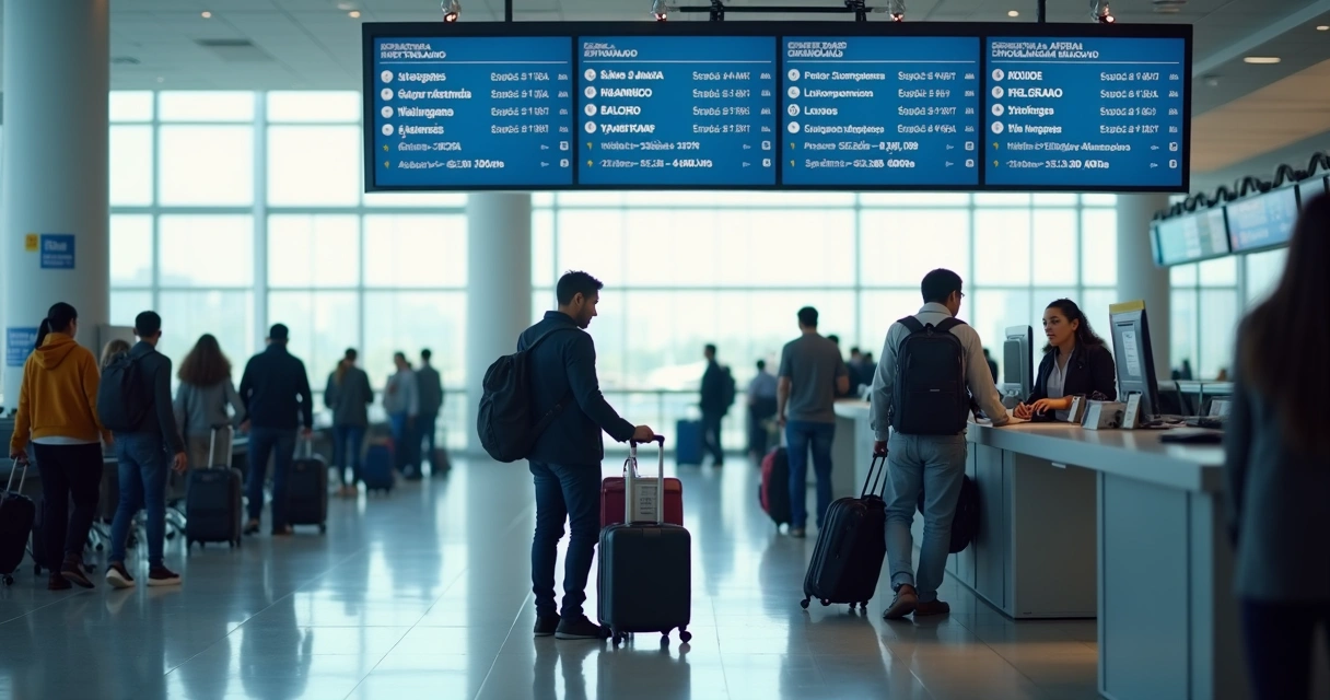 Airline passenger at crowded airport counter facing overbooking problem 