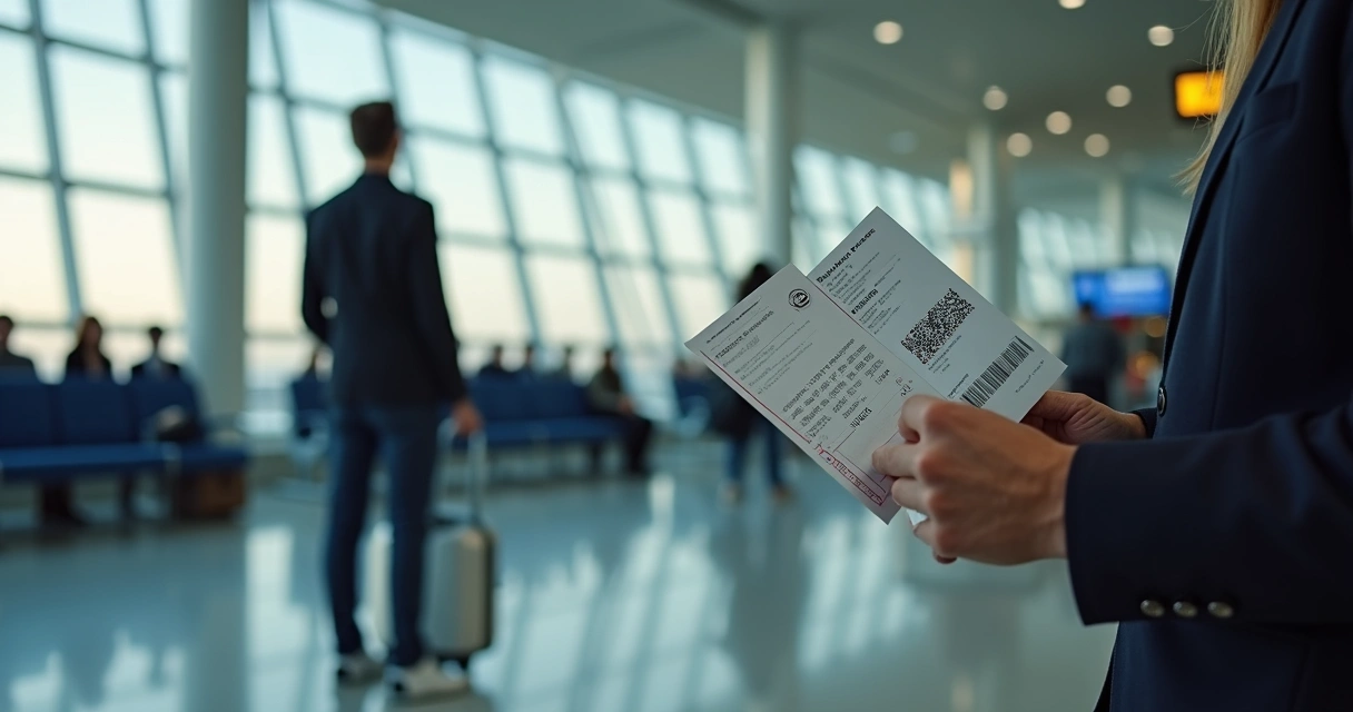 Passenger holding a boarding pass at the airport counter during flight cancellation process 