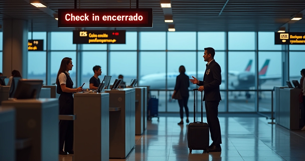 Passenger at airport counter facing closed check-in and talking to airline staff 