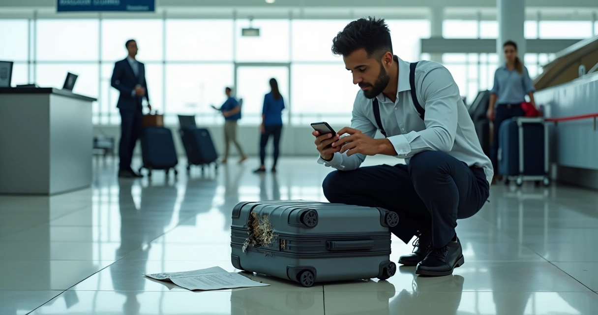 Traveler checking damaged suitcase near baggage claim at airport 