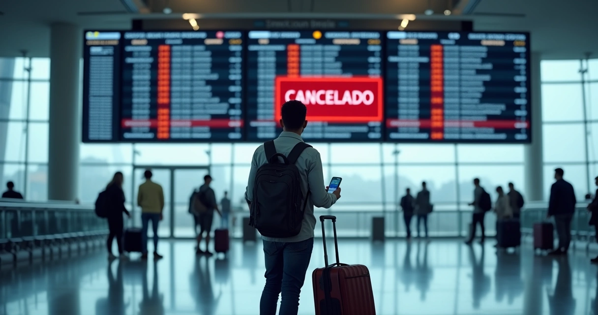 Passenger checking canceled flight on airport departure board 