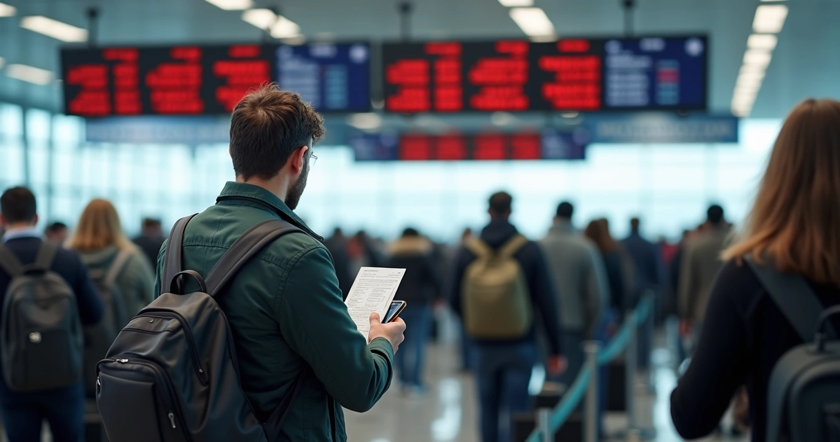 Passenger frustrated at crowded airport check-in counter showing delay and overbooking issues 