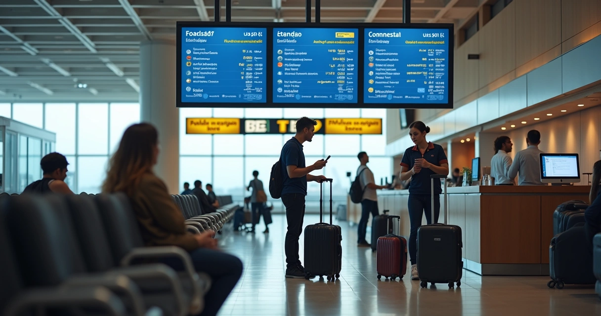 Passenger at airport service counter after missing flight connection 