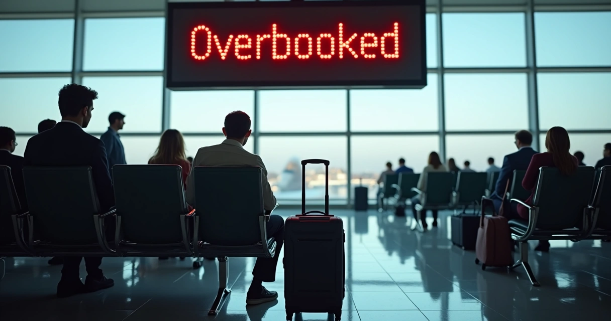 Passenger seated with luggage at airport gate looking at departure screen showing overbooked flight 