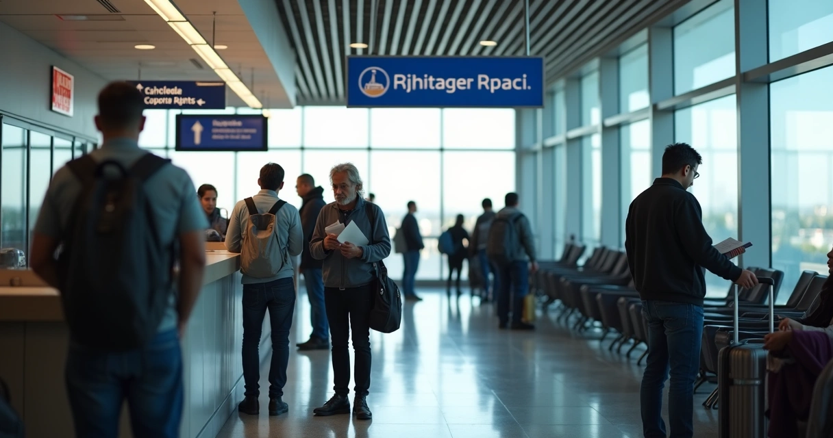 Passengers at airport service counter talking to airline staff. 