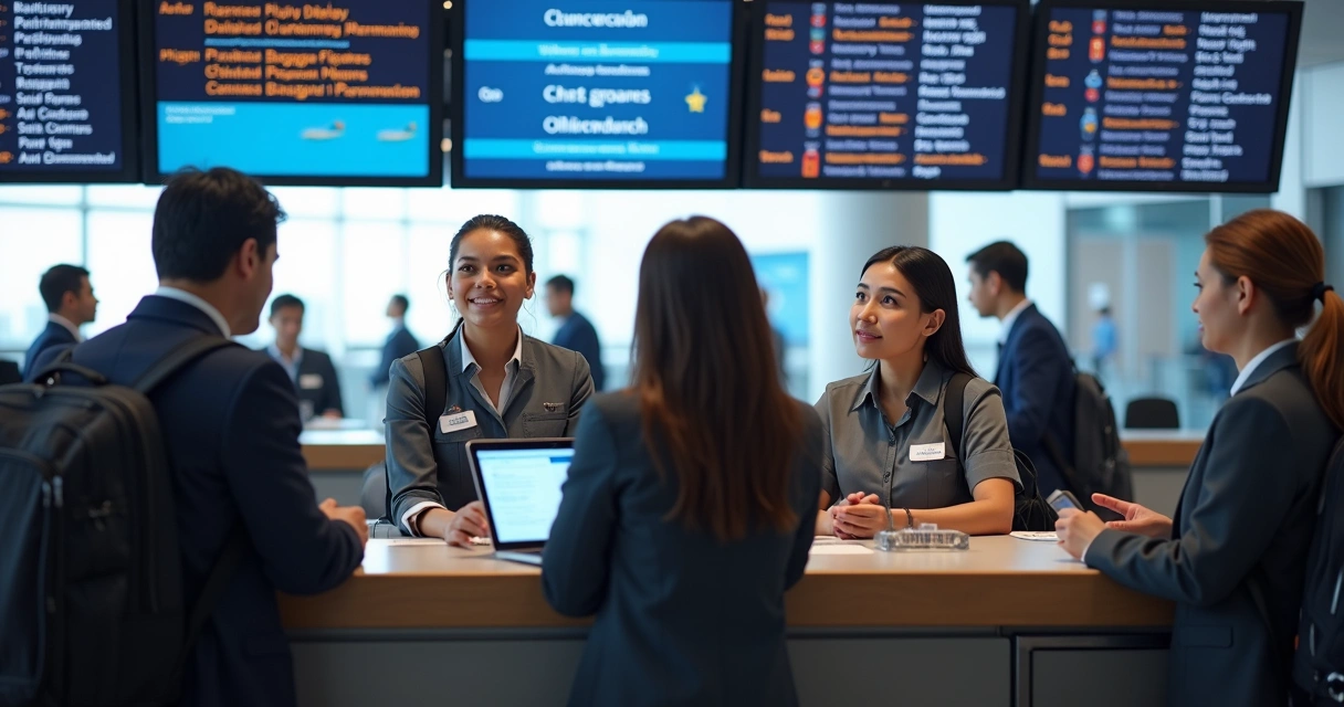 Passengers at airport counter receiving information from airline staff about flight rights 