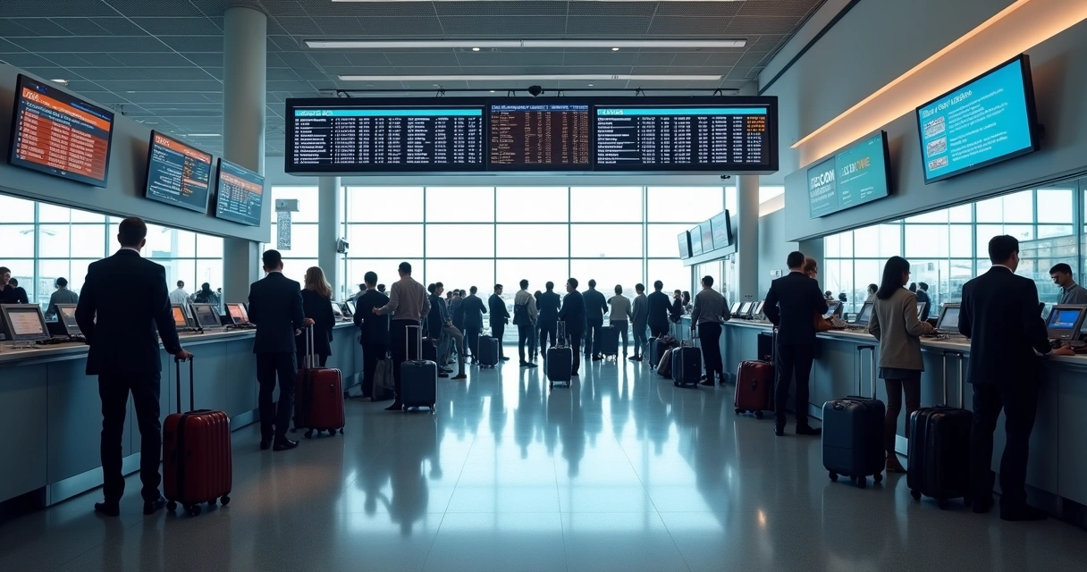 People checking in at an airport desk, lines forming, signs showing delays 