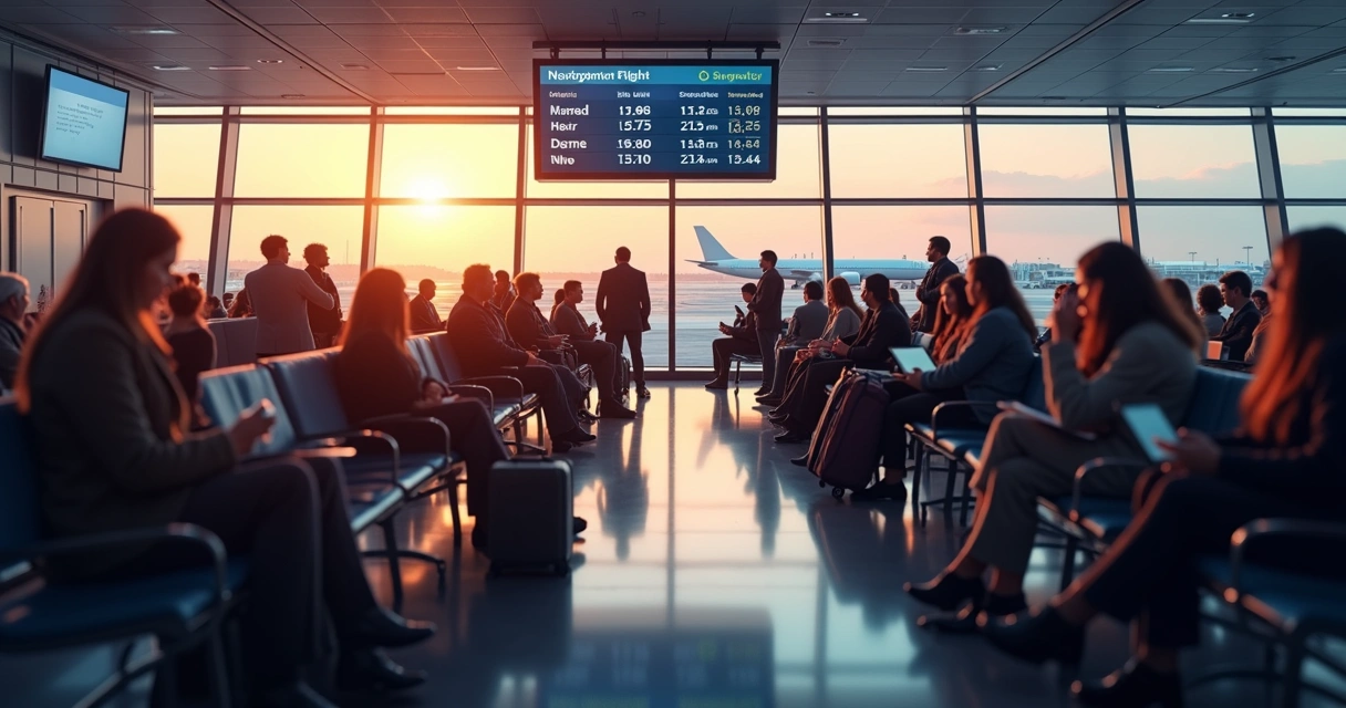 Passengers waiting in airport terminal due to flight delay with suitcases and electronic devices 
