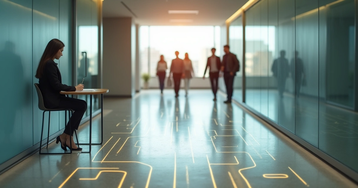 Person standing in office hallway where floor turns into a subtle glowing maze 
