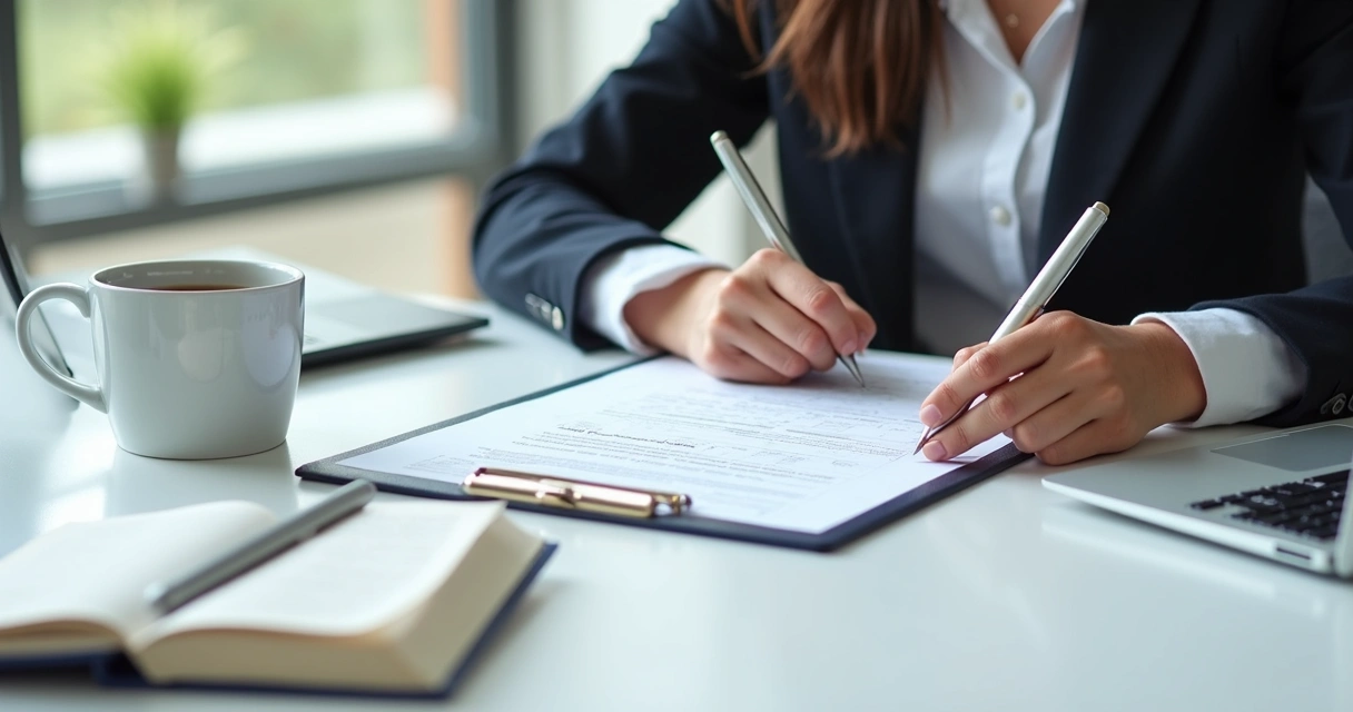 Empreendedor preenchendo documentos sentado à mesa. 