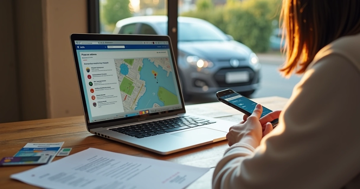 Jovem estudando online para tirar CNH com documentos e carro ao fundo 