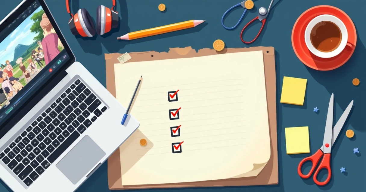 Checklist em papel ao lado de notebook aberto com anime, tesoura, lápis e fone de ouvido