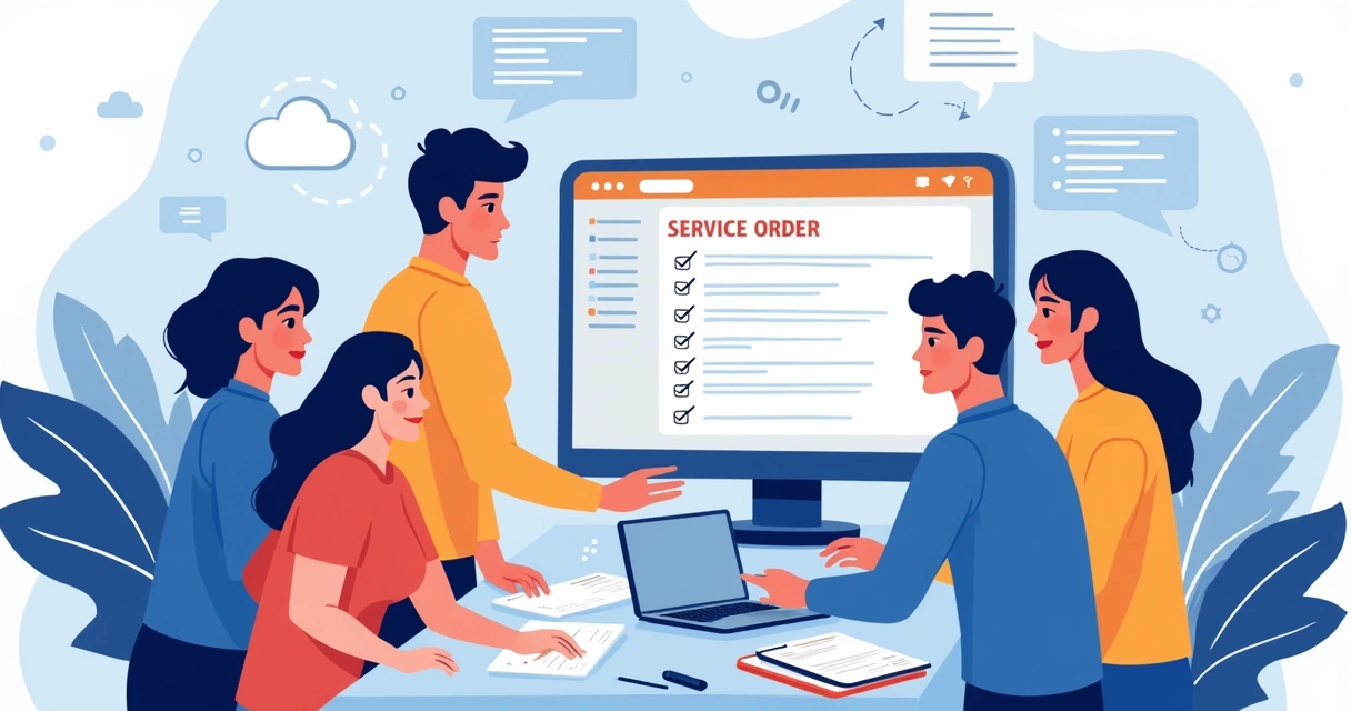 Técnico usando notebook com checklist digital, equipe reunida ao redor, tela mostra passo a passo de preenchimento