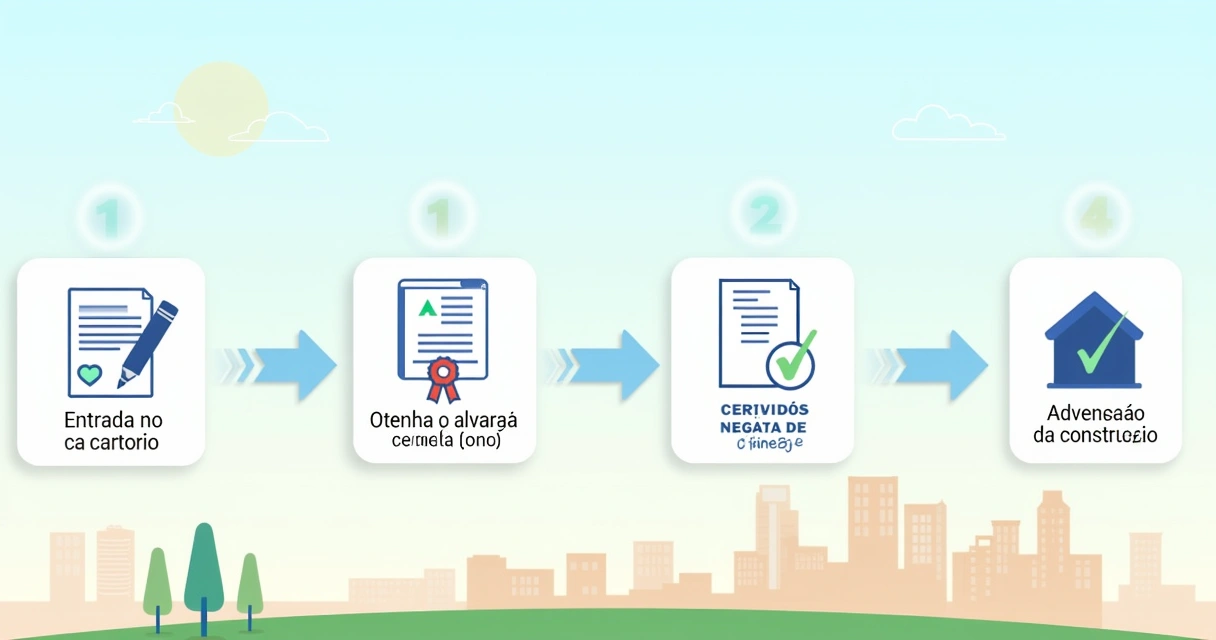 Processo passo a passo para regularizar um imóvel com ilustrações de documentos e etapas.