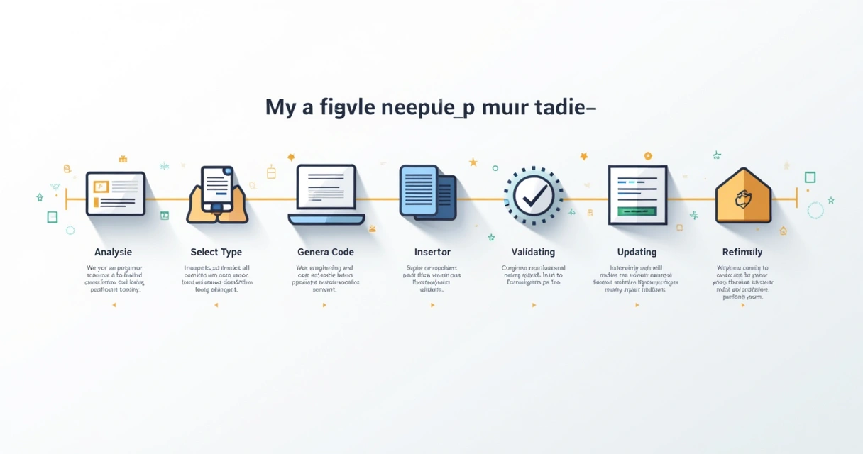 Ilustração mostrando 7 etapas resumidas para implementar schema markup, com ícones representando cada passo 