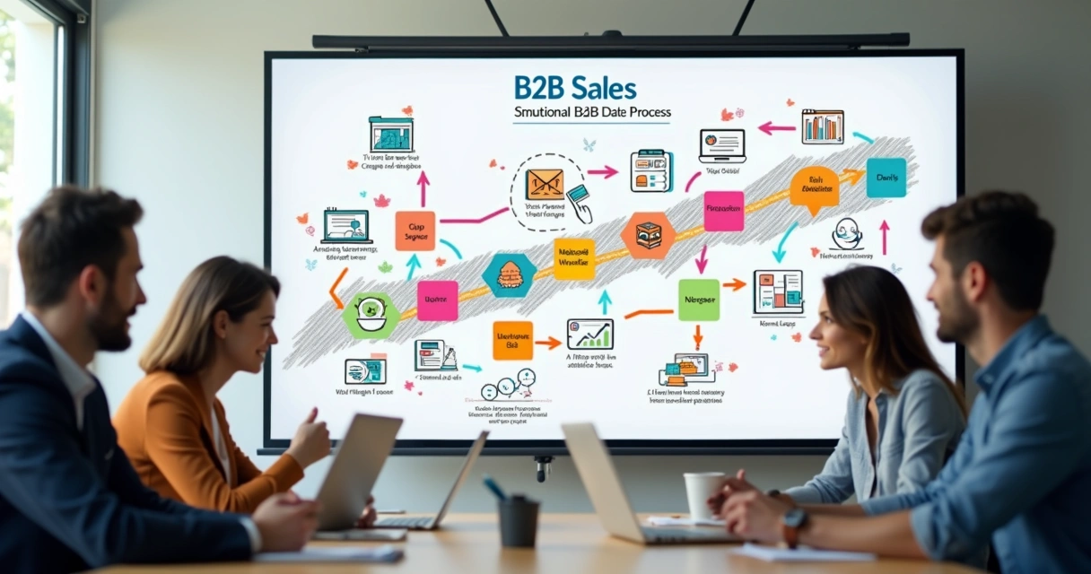 Quadro mostrando passo a passo das etapas de vendas B2B com ícones e setas 