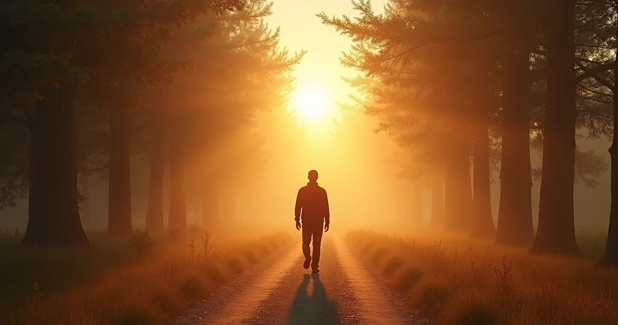 Pessoa caminhando sozinha em trilha iluminada ao amanhecer 