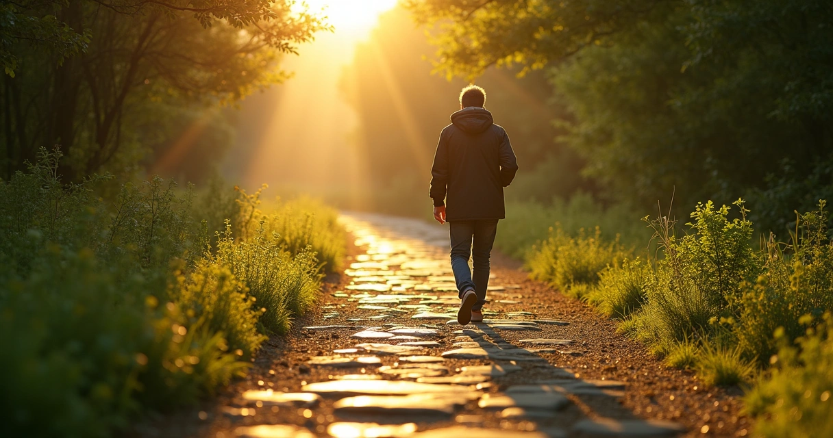 Pessoa caminhando por um caminho de pedra em direção à natureza ao amanhecer 