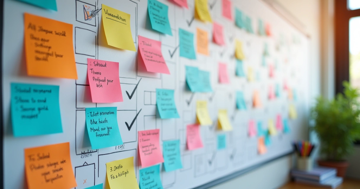 Checklist visual de passos para gestão de social media em quadro colorido 