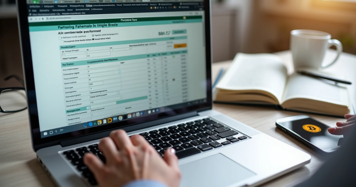 Pessoa preenchendo declaração de imposto de renda em notebook 