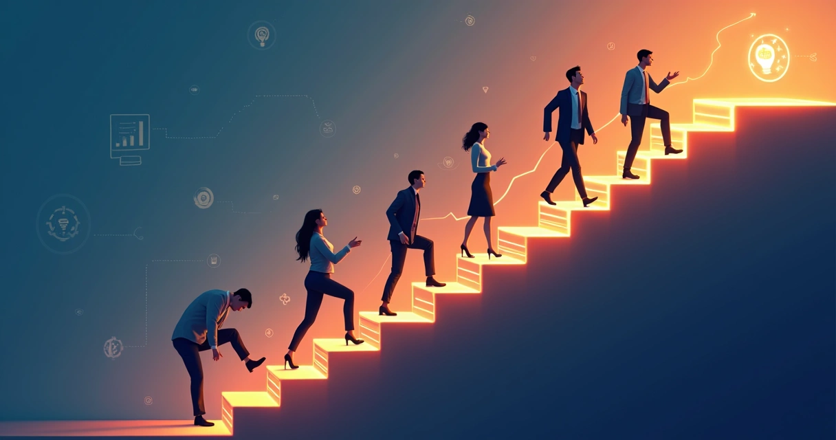 Degraus digitais iluminados com ícones de IA e pessoas subindo 