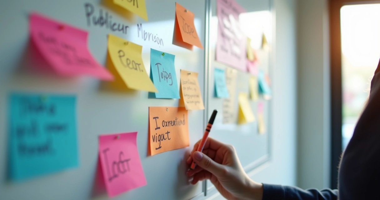 Quadro branco com passos escritos e cartões colados 