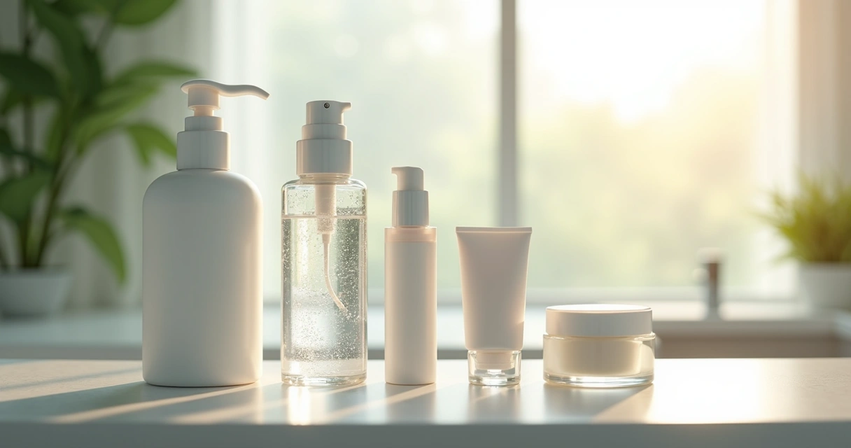 Itens de cuidados com a pele organizados em bancada de banheiro. 