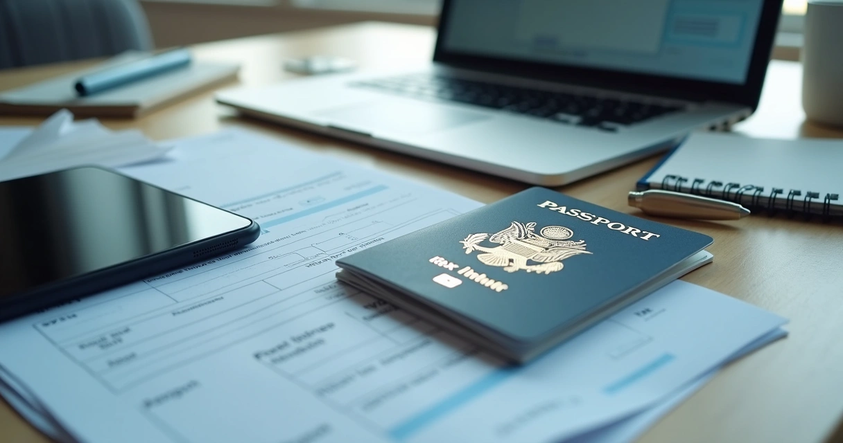 Passport and tax documents on a laptop desk 