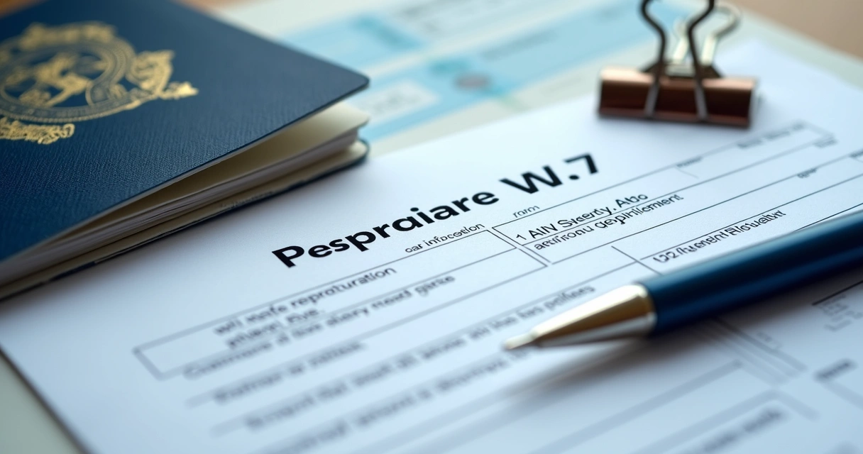 Close-up of passport and W-7 style tax form