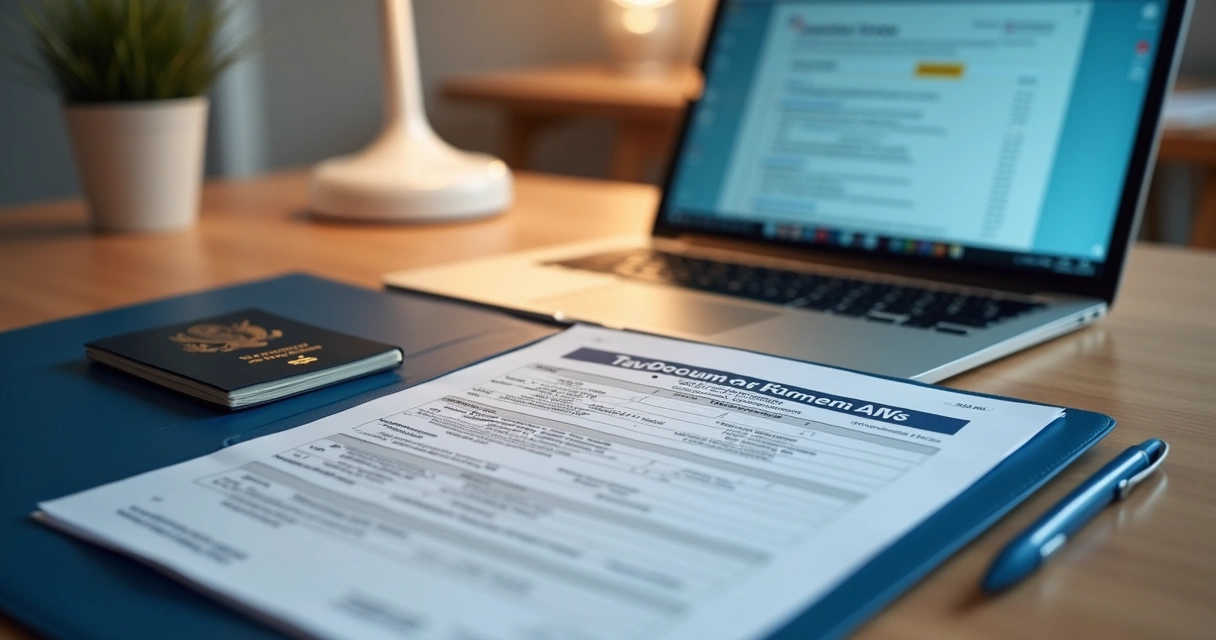Passport and tax form reviewed on a laptop desk 