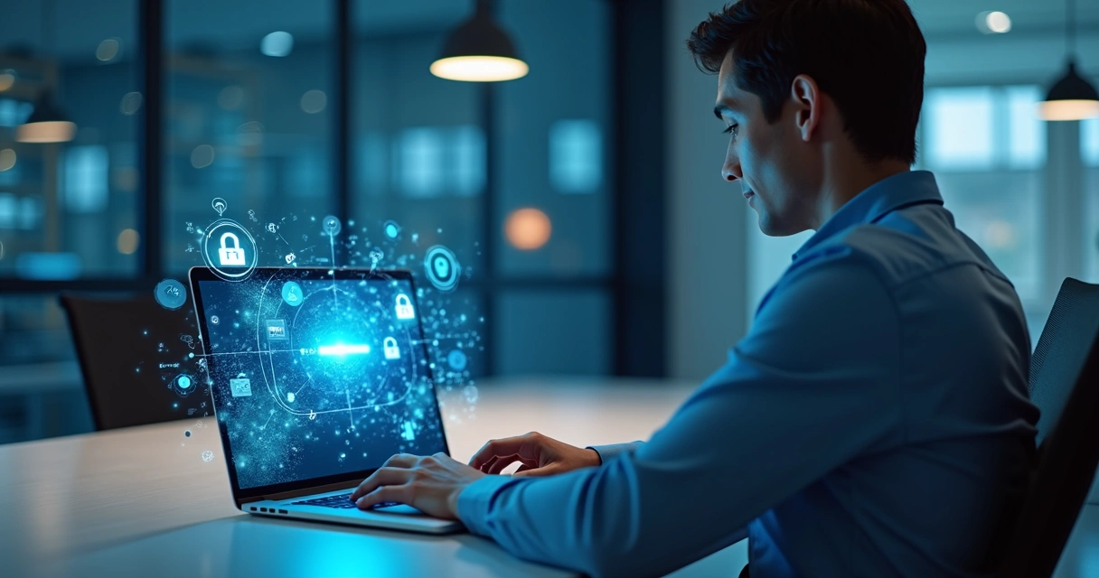 Pessoa digitando senha complexa em notebook com ícones de nuvem e cadeado na tela 