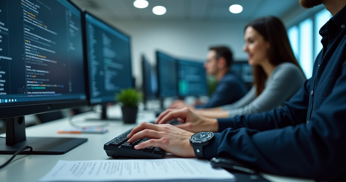 Pessoa digitando senha forte em teclado com colegas de equipe ao fundo 