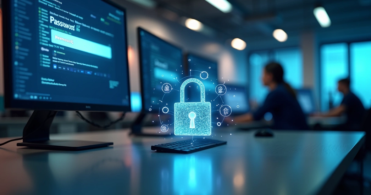 Multiple computer screens showing password fields, a soccer ball, and a digital padlock symbolizing team passwords and cybersecurity 
