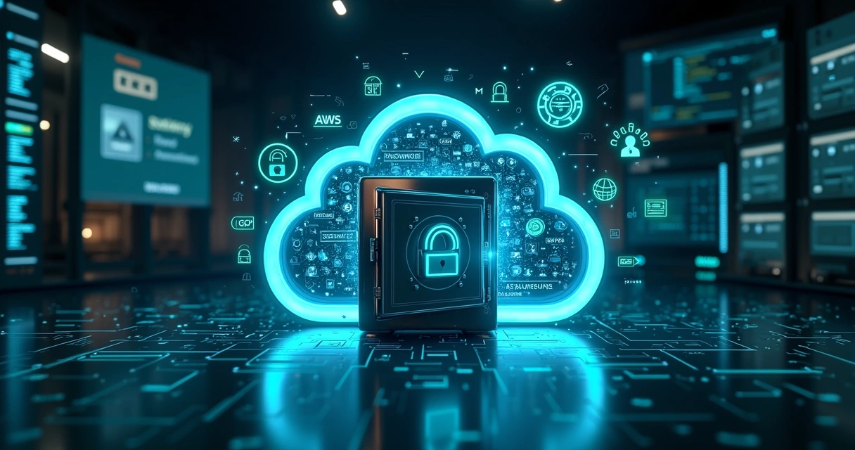 Digital vault securing passwords in a cloud environment with icons of AWS, Azure, and GCP 