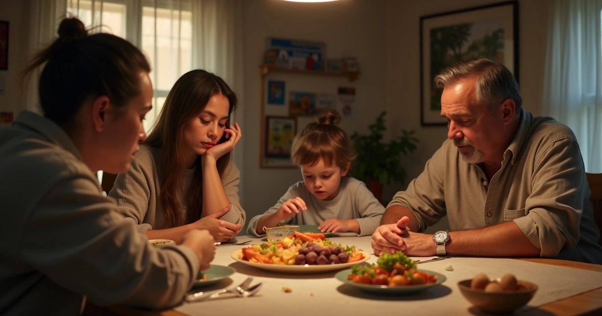 Família sentada ao redor de uma mesa. 