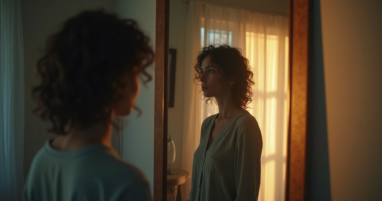 Person looking at their reflection, split between shadow and light 