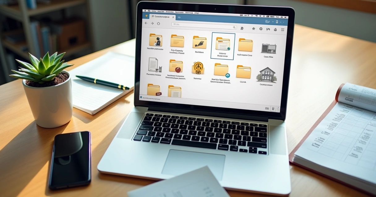 Pastas digitais de contratos em notebook com documentos organizados 