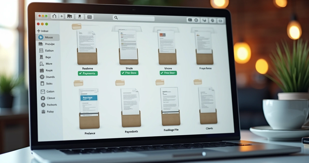 Pasta digital com comprovantes organizados em tela de computador 