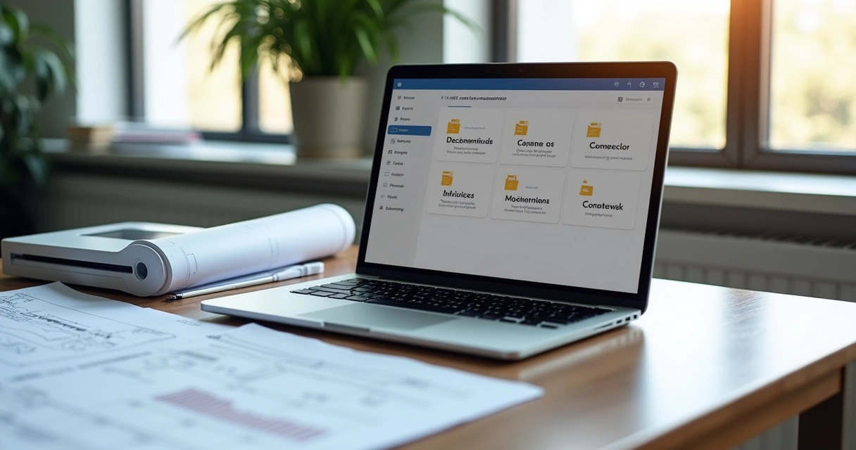 Pastas digitais de documentos de obra em notebook 