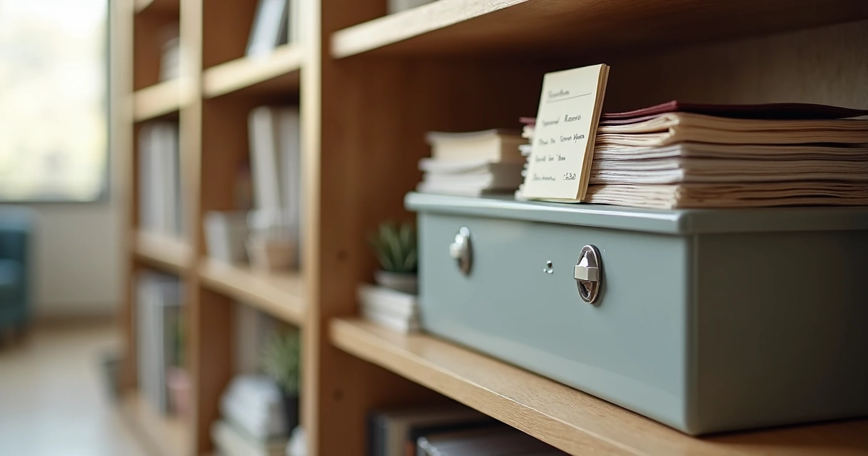 Pasta de documentos e caixa segura empilhadas em prateleira de escritório 
