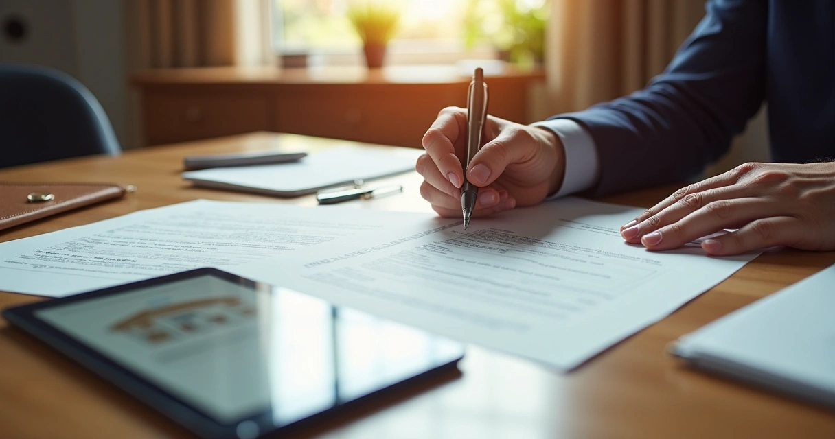Carteira de documentos imobiliários e contrato sendo assinado em cartório 